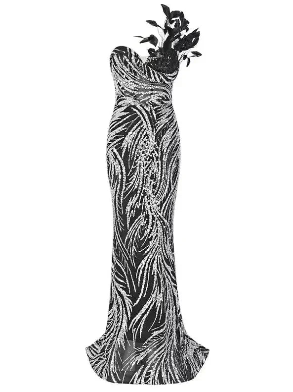 Feather and Sequin Embellished Strapless Mesh Gown - small - Dresses