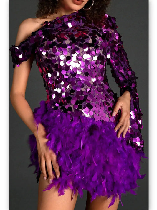 Feather and Sequin One-Shoulder Mini Dress in Purple - Dresses