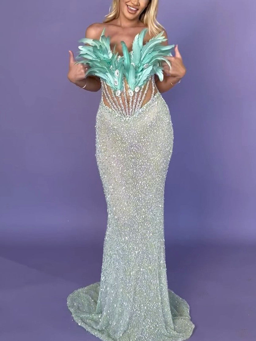 Sparkly Feather Corset Sequin Gown in Mint Green for elegant evening wear