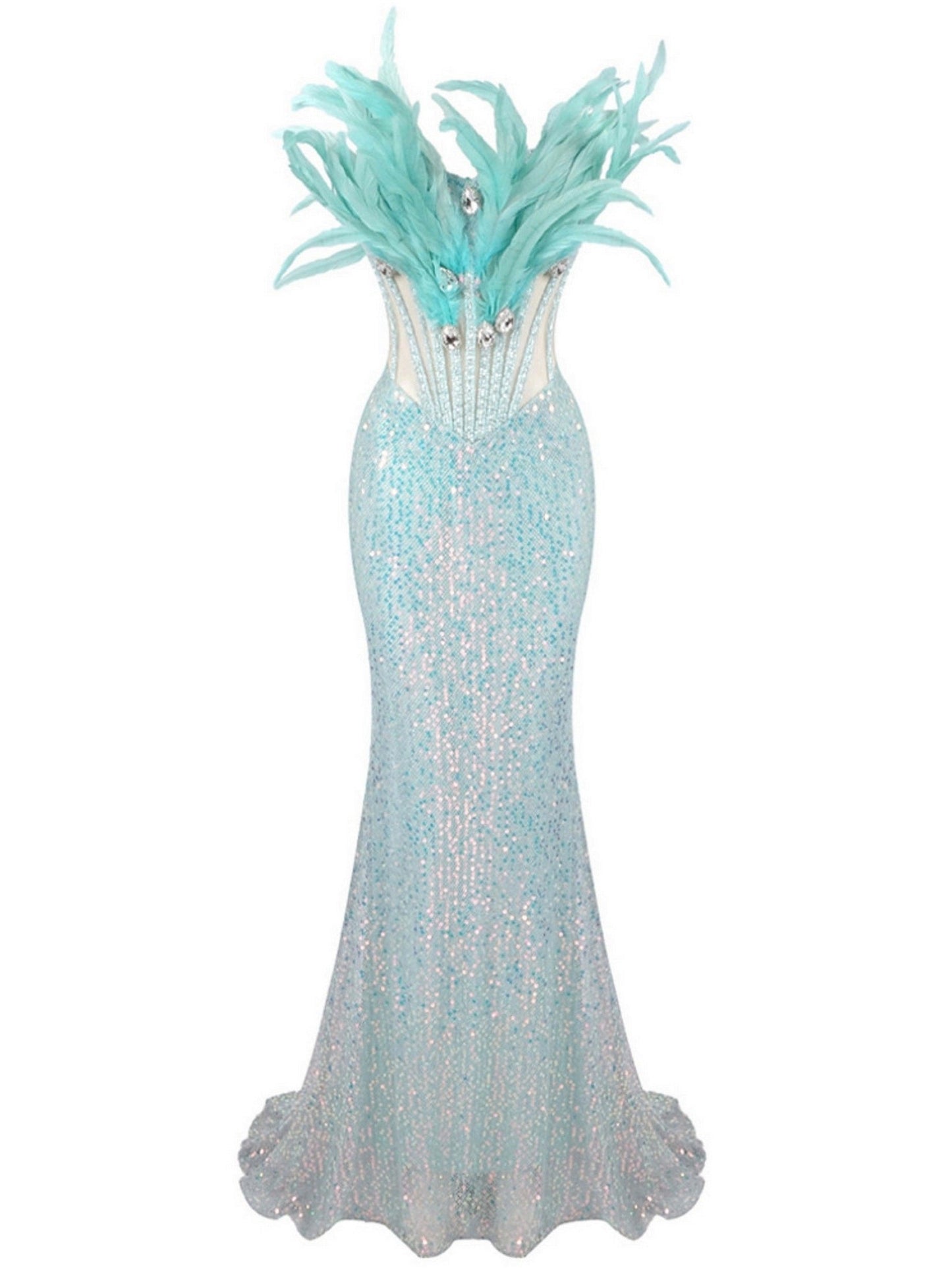 Beaded mermaid gown with feather bodice in Mint Green feather corset sequin design