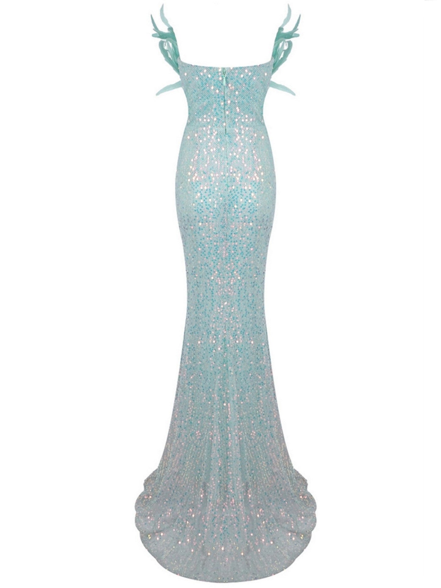 Sequin-covered mint green evening gown with antler shoulder embellishments