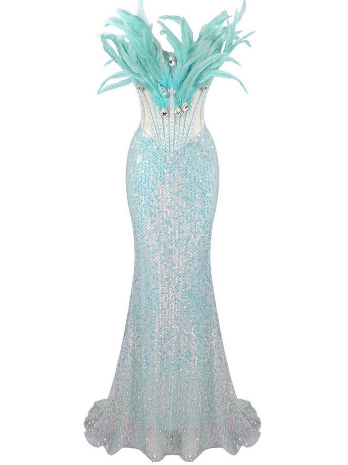 Light blue Feather Corset Sequin Gown in Mint Green with sequins and feathers