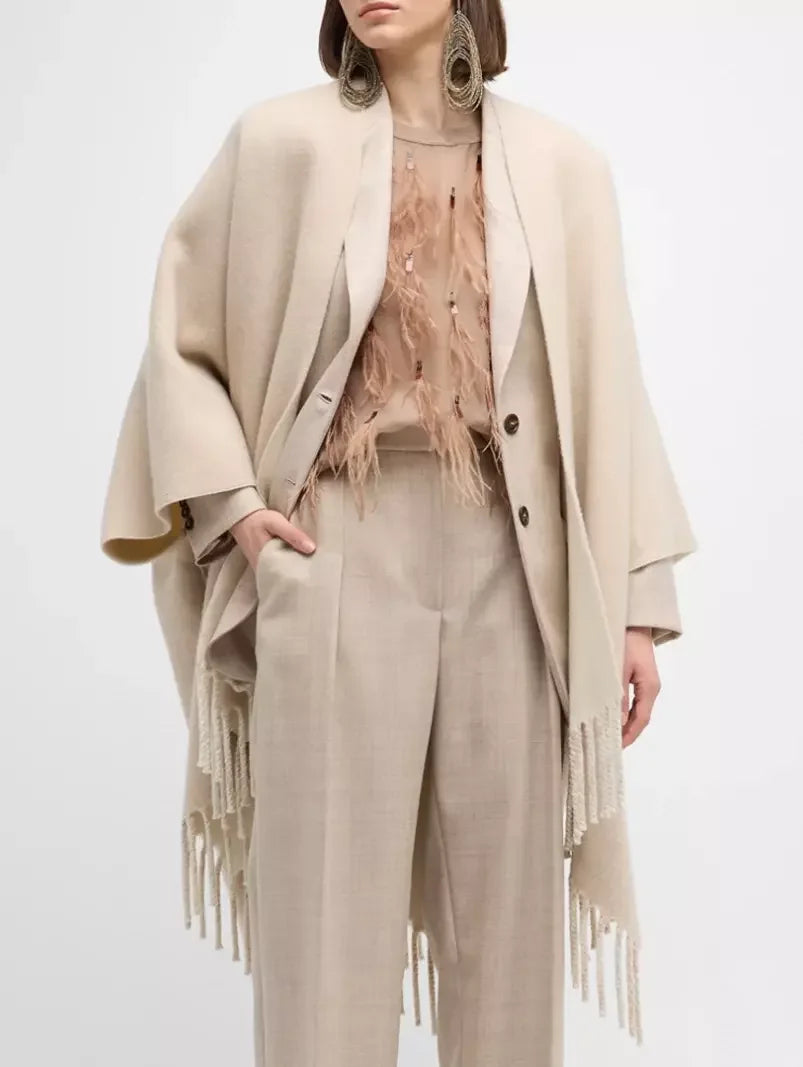 Beige Feather-Embellished Knit-Trim Silk Top showcasing elegant design and luxurious materials