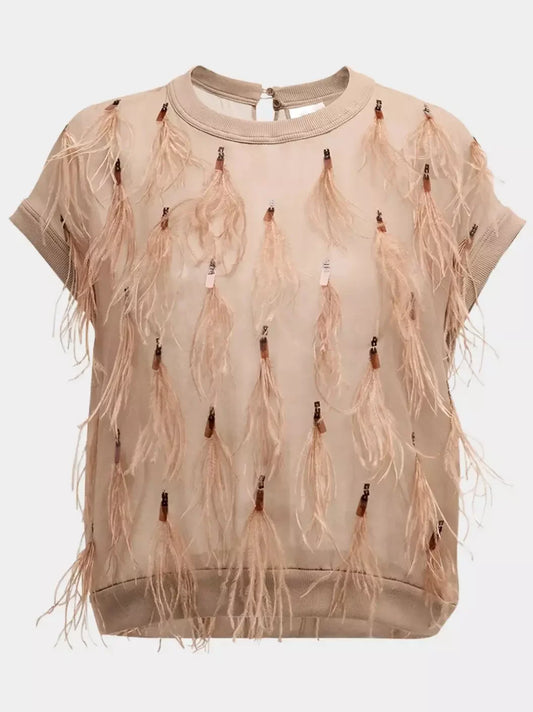 Beige Feather-Embellished Knit-Trim Silk Top showcasing elegant style and texture