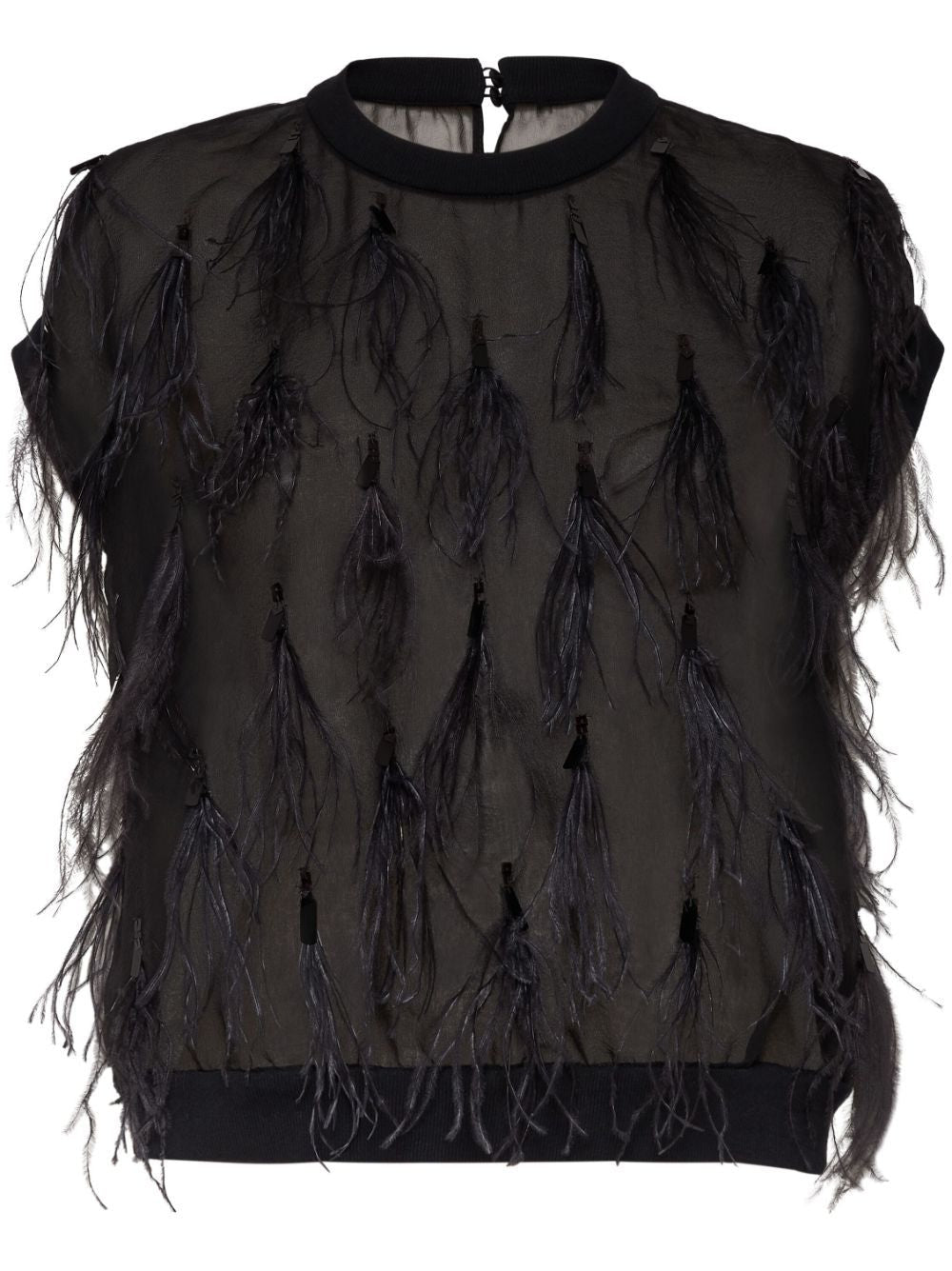 Black Feather-Embellished Knit-Trim Silk Top showcasing sheer design and elegant style
