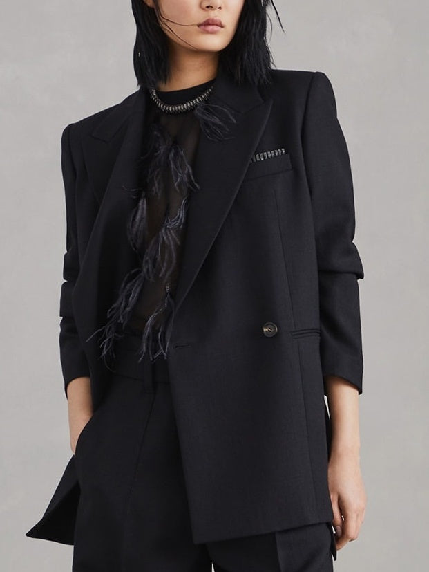 Black Feather-Embellished Knit-Trim Silk Top showcasing a sheer black design