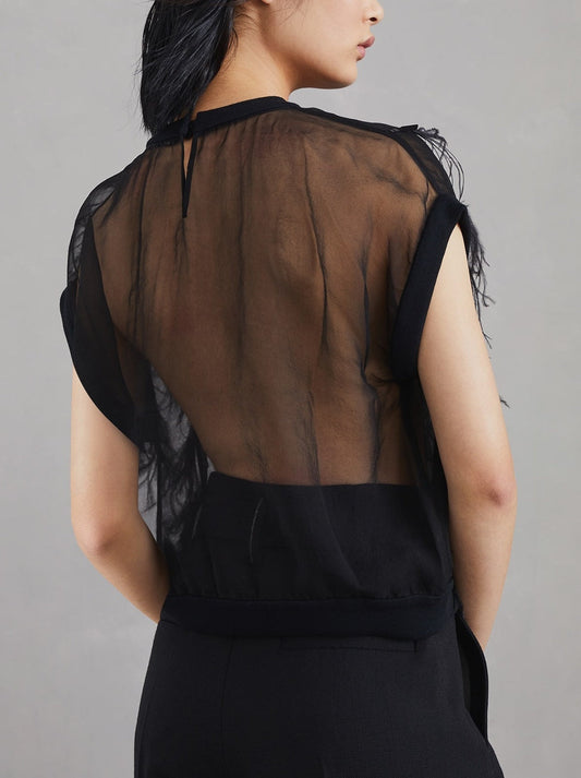 Black sheer top of Feather-Embellished Knit-Trim Silk Top in Black for elegant style