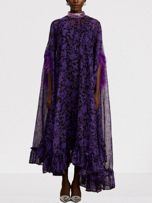 Feather-Trim Cape-Sleeve Dress with Sequin Mock-Neck - Dresses