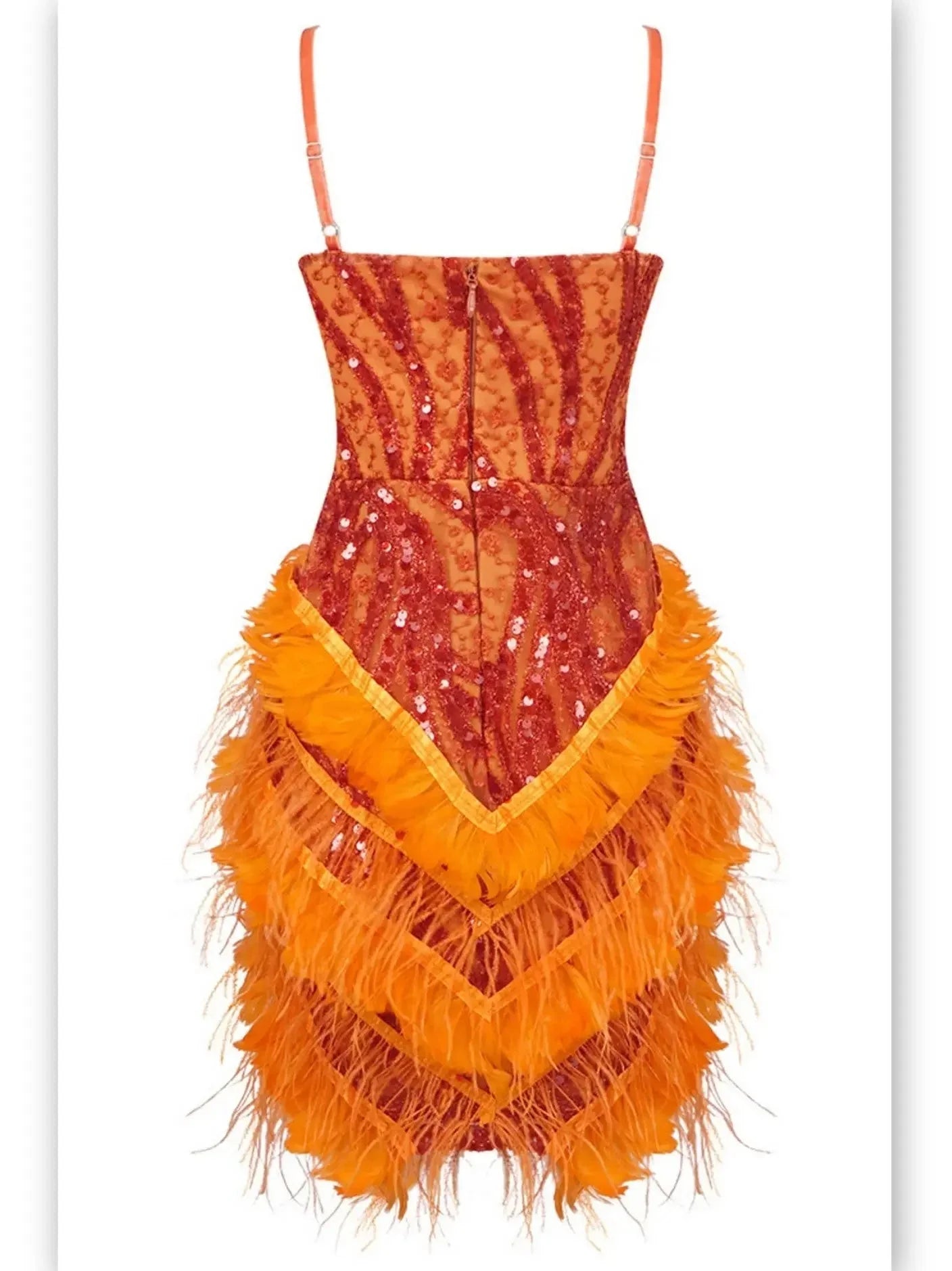 Feather-Trim Sequin-Embellished Mini Dress in Orange - Dresses