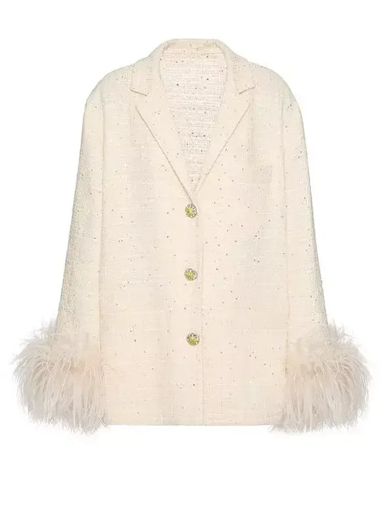 Feather-Trim Tweed Jacket with Jewel-Buttons - Jackets