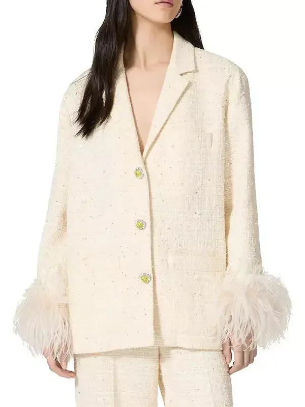 Feather-Trim Tweed Jacket with Jewel-Buttons - Jackets