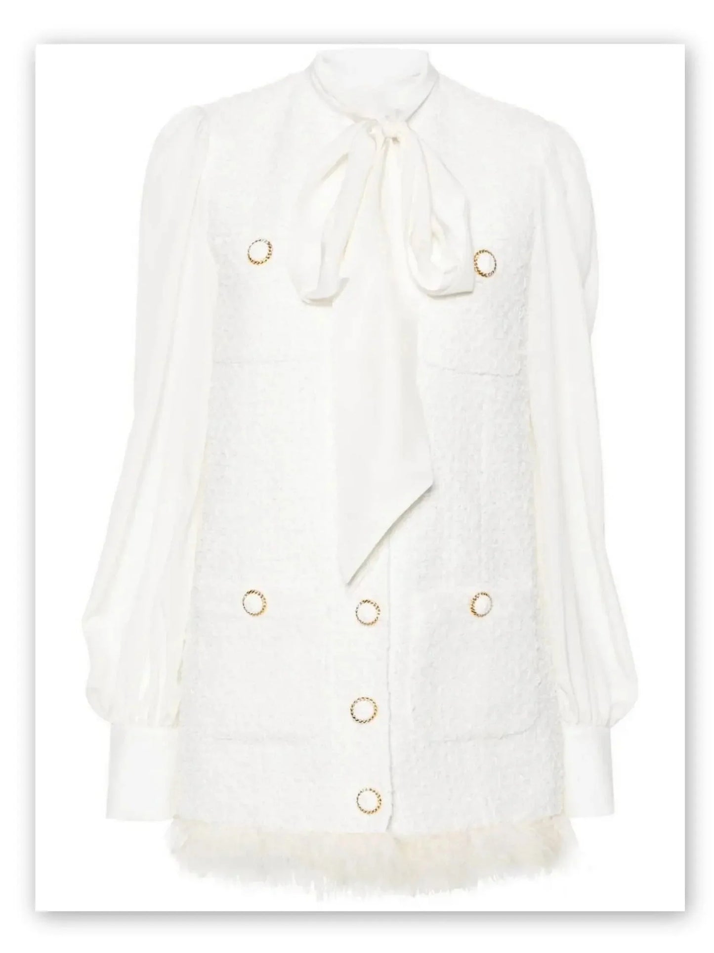 Feather-Trim White Tweed Mini Dress - Dresses