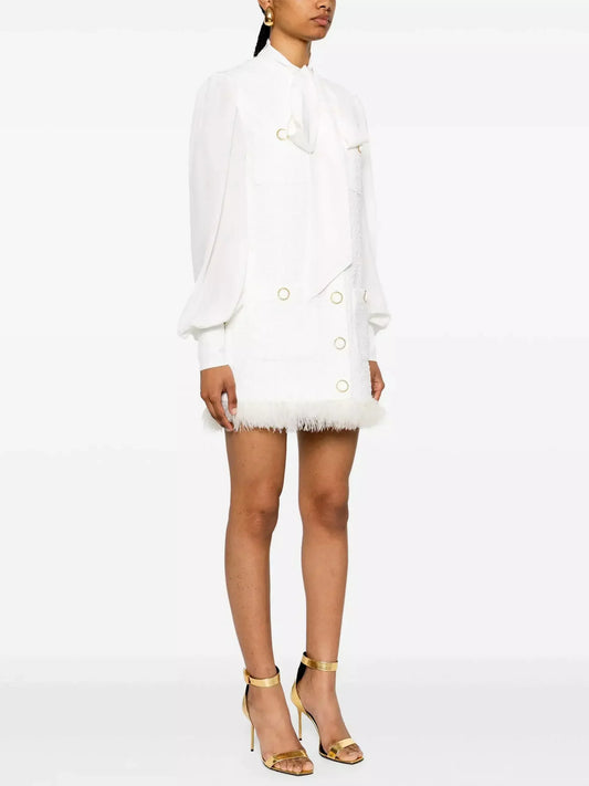 Feather-Trim White Tweed Mini Dress - Dresses