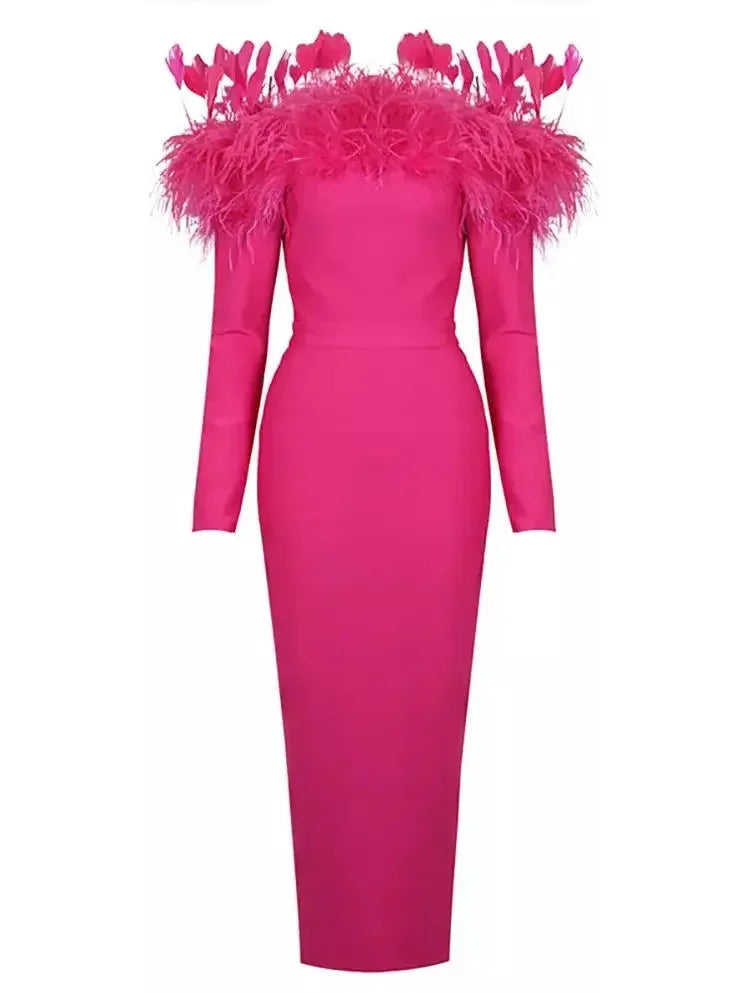 Feather-Trimmed Midi Dress Pink - Dresses