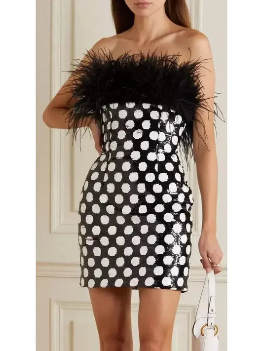 Feather-Trimmed Polka-Dot Sequined Mini Dress - Dresses