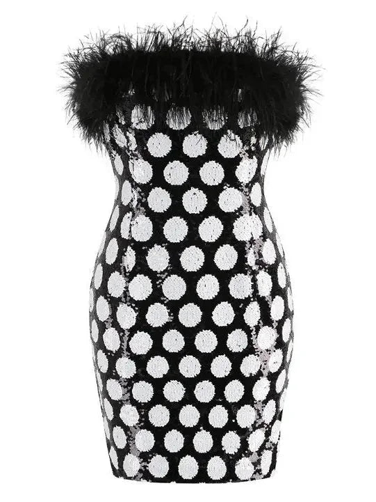 Feather-Trimmed Polka-Dot Sequined Mini Dress - Dresses