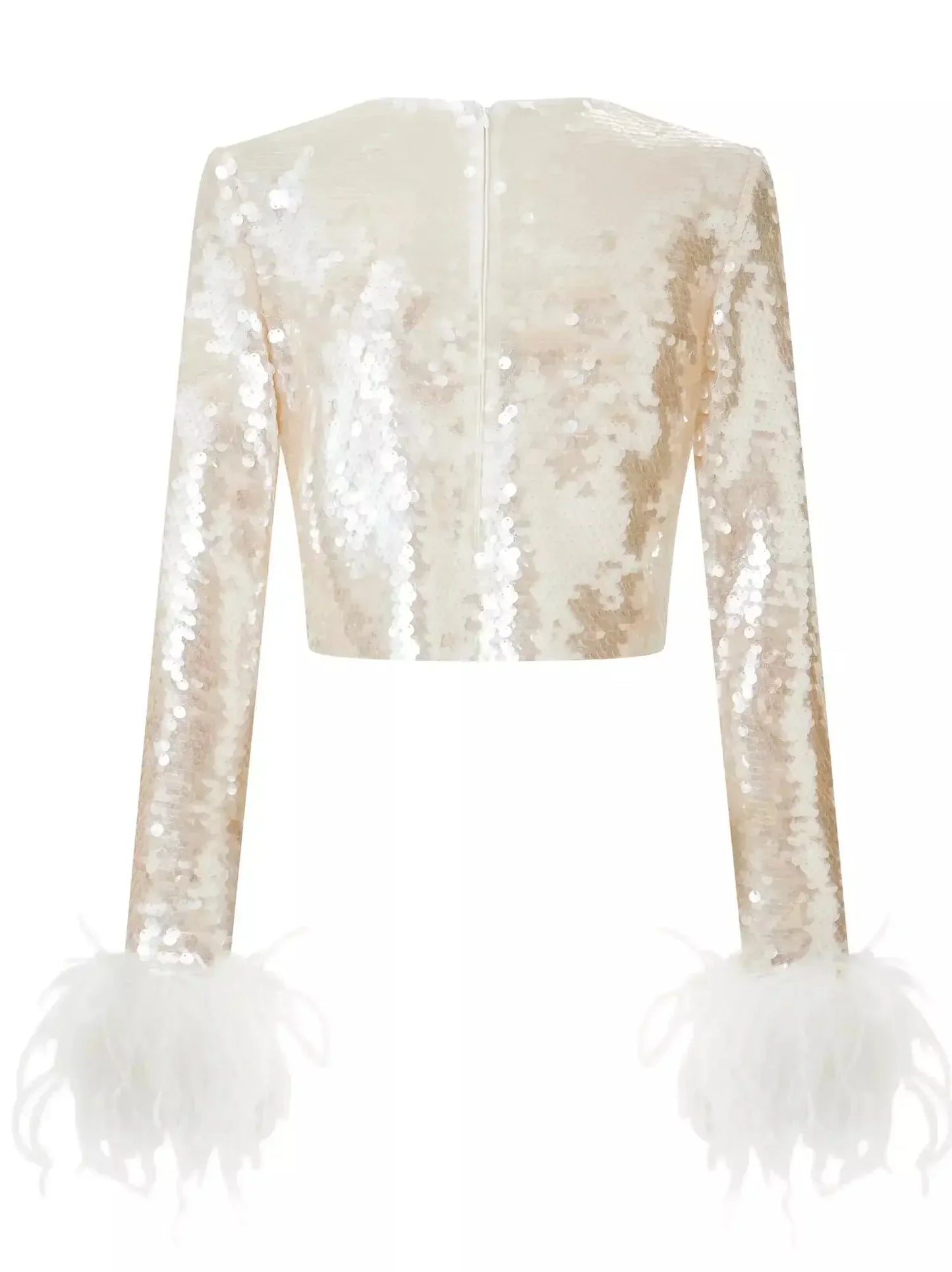 Feather-Trimmed Sequin-Embellished Tulle Cropped Top - Tops