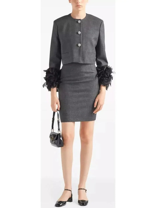 Feather Trimmed Single-Breasted Jacket - Jackets