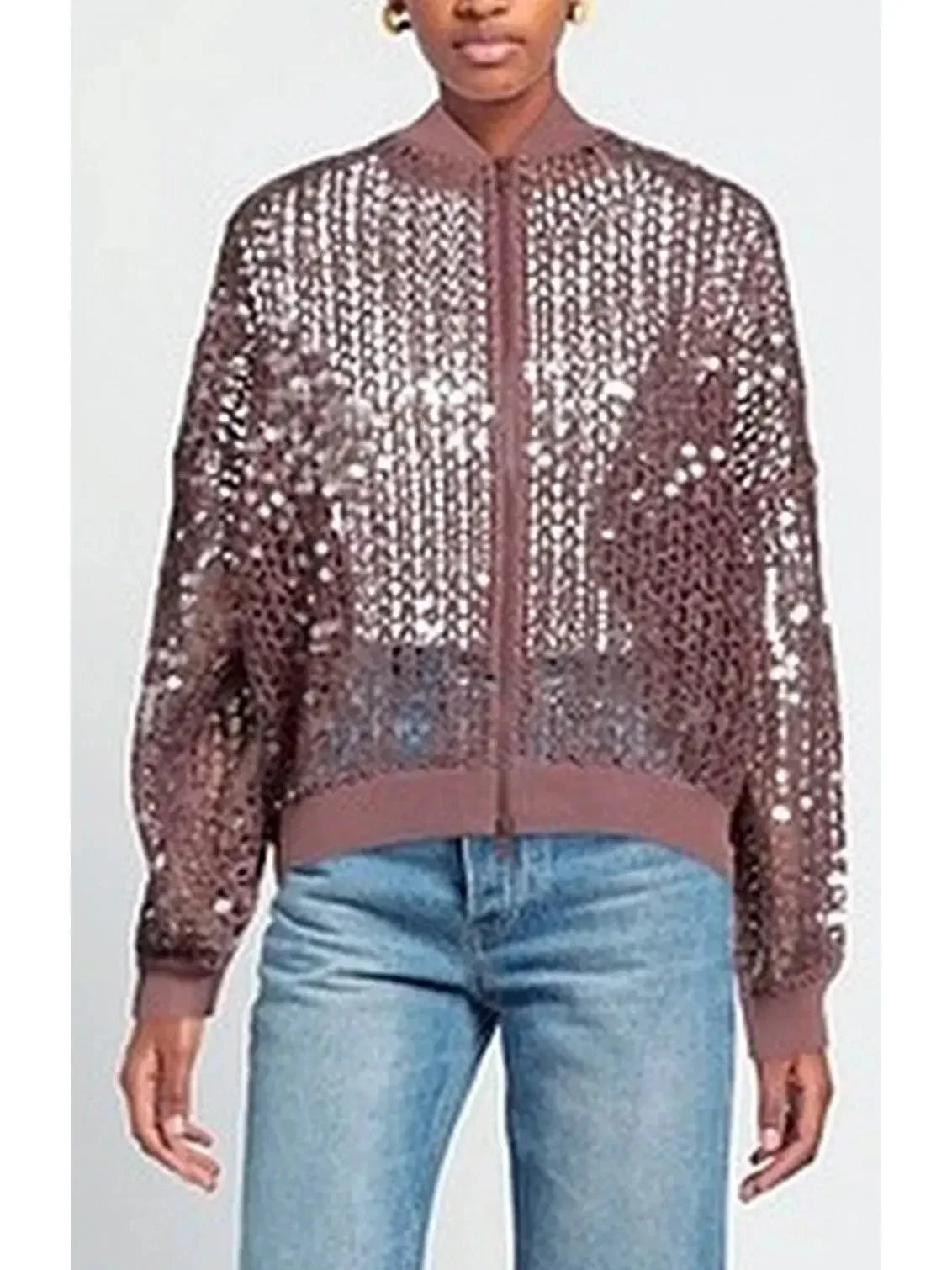 Fishnet Sequin Zip-Up Cardigan - Sweaters & Knitwear