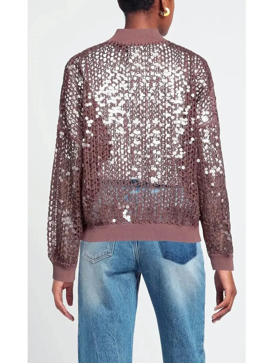 Fishnet Sequin Zip-Up Cardigan - Sweaters & Knitwear