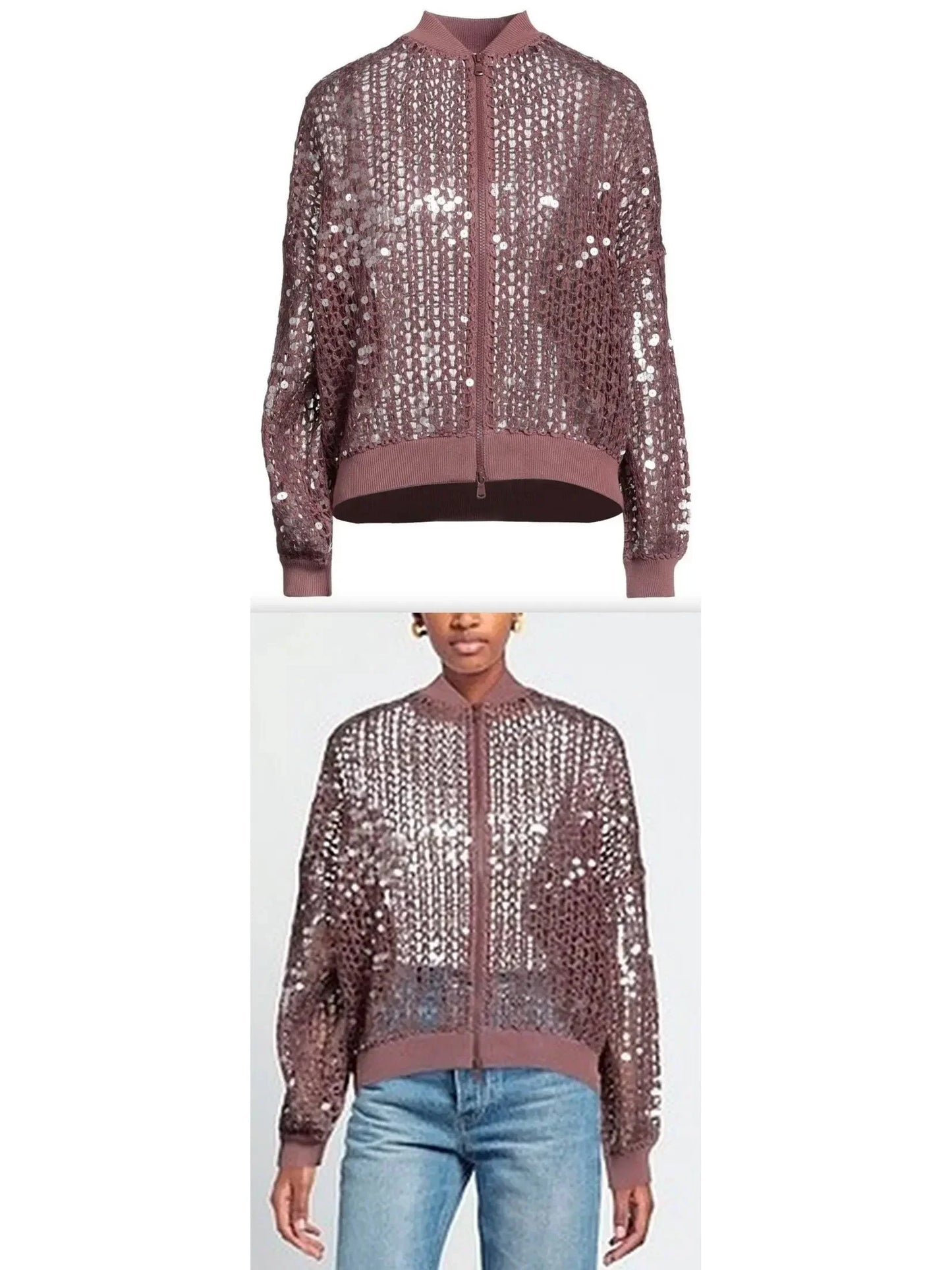 Fishnet Sequin Zip-Up Cardigan - small - Sweaters & Knitwear