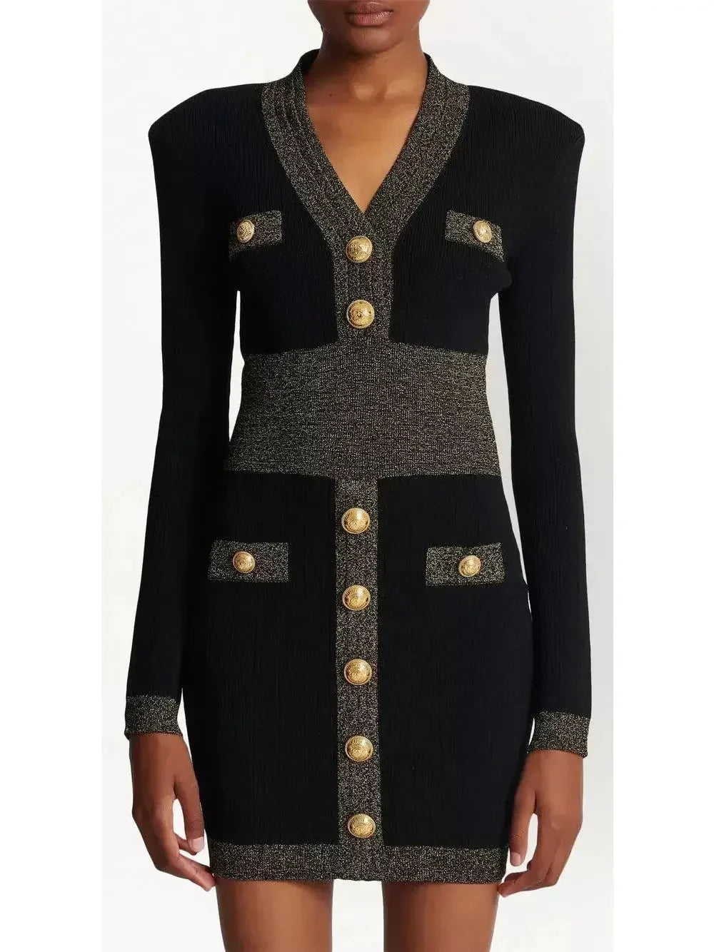 Fitted Embossed-Button Mini Dress Black - Dresses