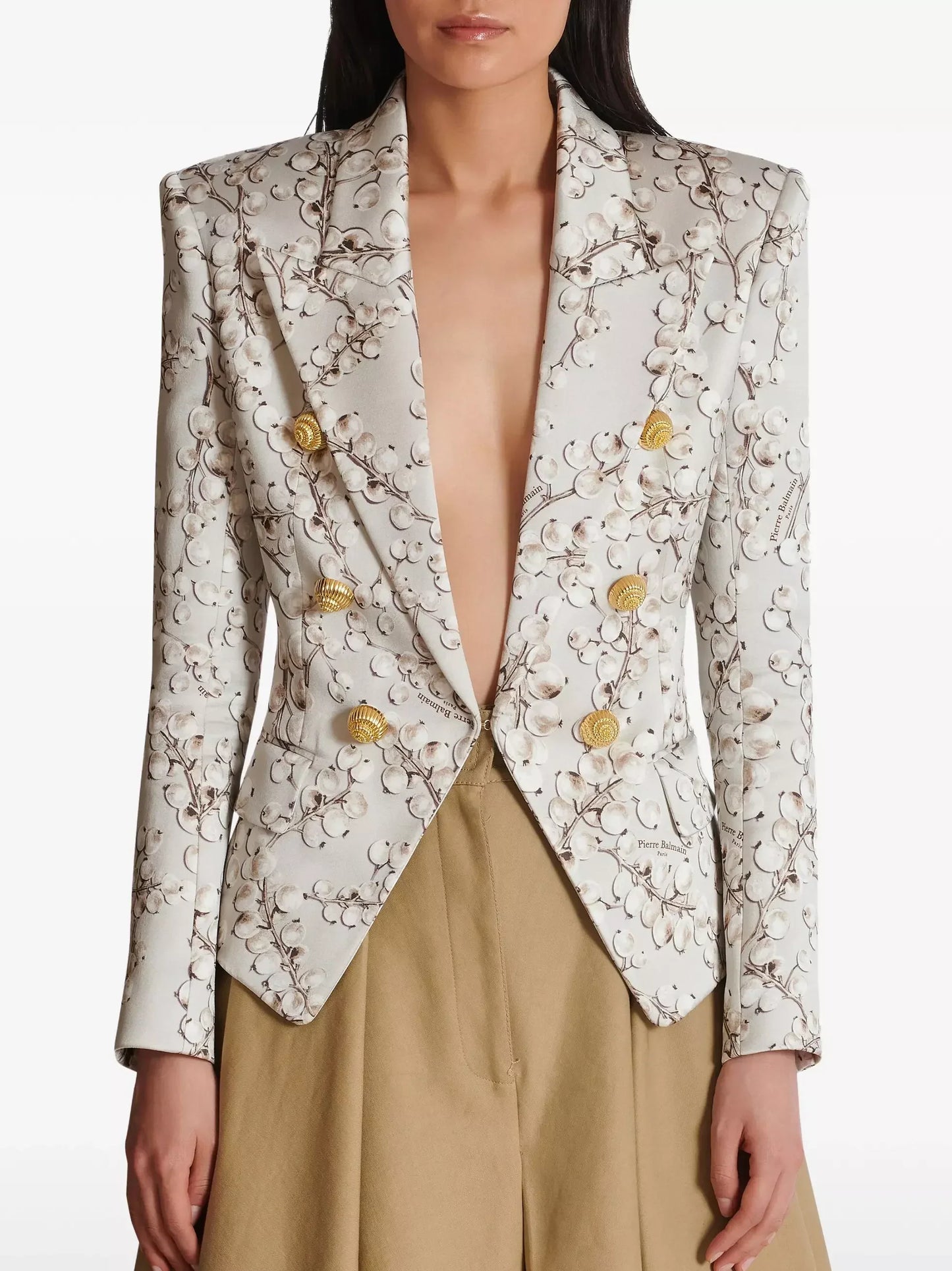 Fitted Printed Satin Blazer with Gold Spiral Buttons - Jackets