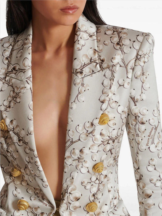 Fitted Printed Satin Blazer with Gold Spiral Buttons - Jackets