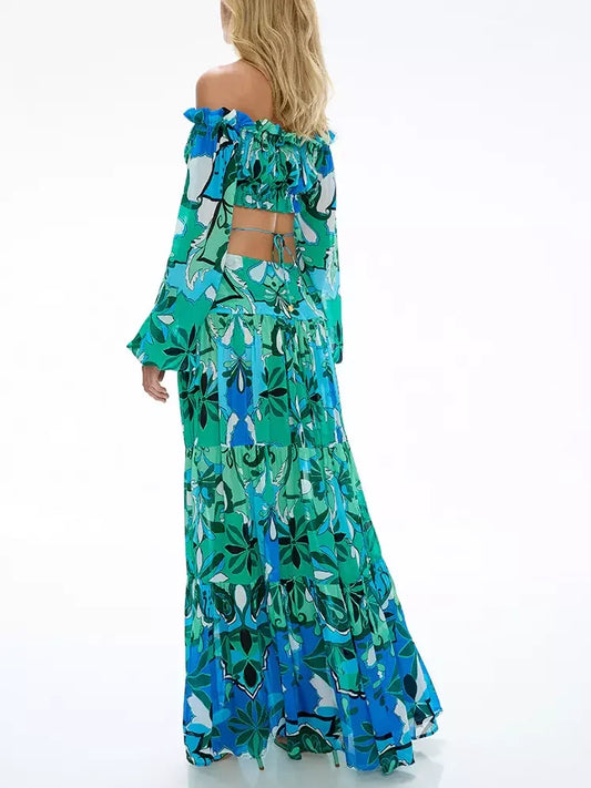 Flamenco-Style Gathered Cropped Blouse and Skirt Set in Green - Suits & Sets