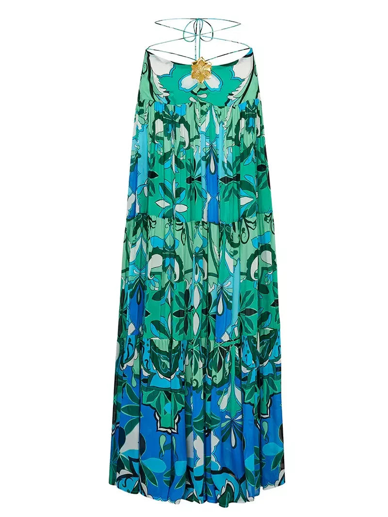 Flamenco-Style Gathered Cropped Blouse and Skirt Set in Green - Suits & Sets