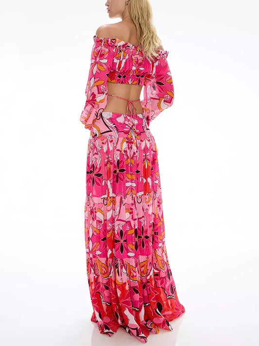 Flamenco-Style Gathered Cropped Blouse and Skirt Set in Pink - Suits & Sets