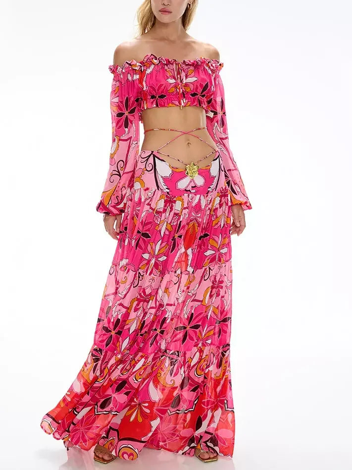 Flamenco-Style Gathered Cropped Blouse and Skirt Set in Pink - Suits & Sets