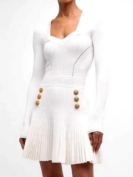 Flared Ribbed Knit Dress in White - Dresses