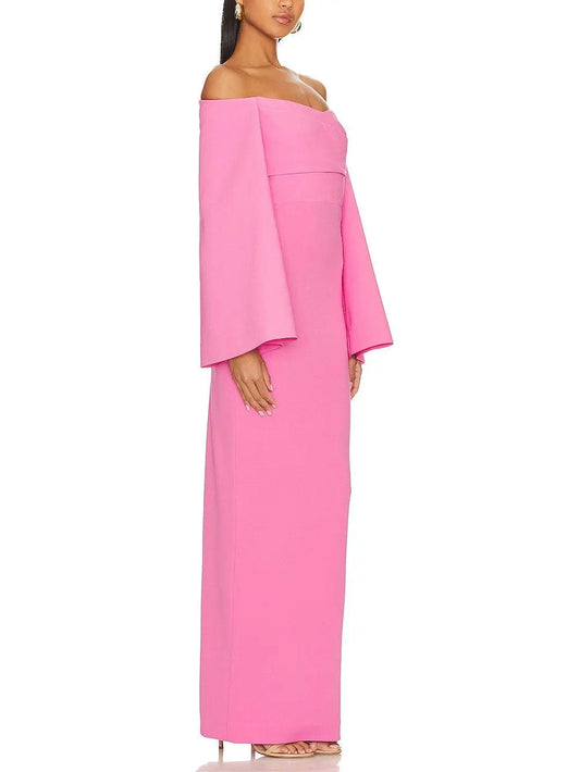 Flared-Sleeve Off-The-Shoulder Maxi Dress in Pink - Dresses
