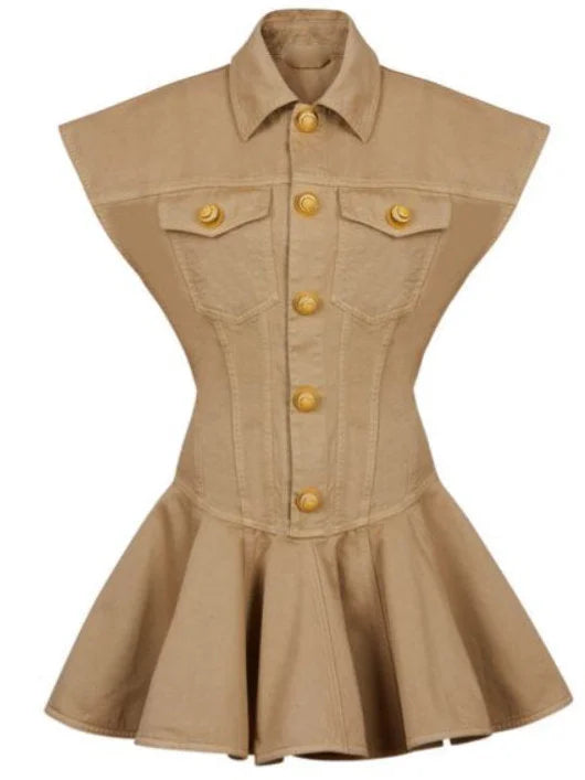 Flared Sleeveless Denim Mini Dress in Beige - Dresses