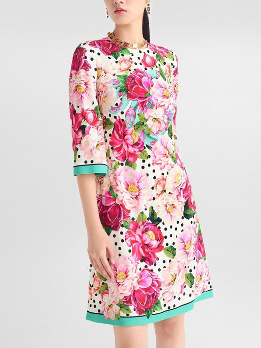 Floral and Polka-Dot Print Silk Dress - Dresses