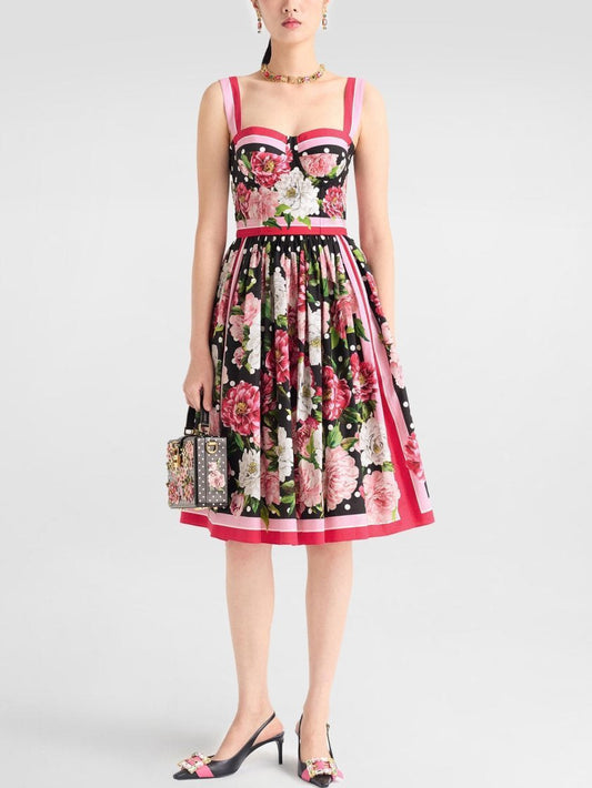 Floral and Polka-Dot Printed Fit and Flare Dress - Dresses