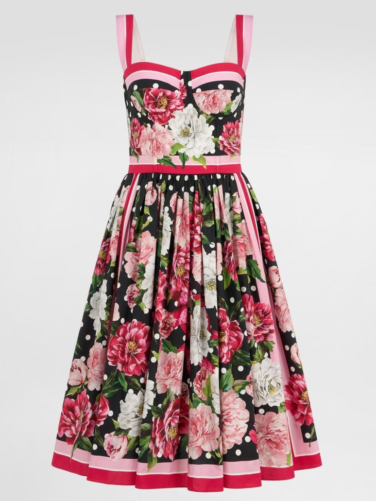 Floral and Polka-Dot Printed Fit and Flare Dress - Dresses