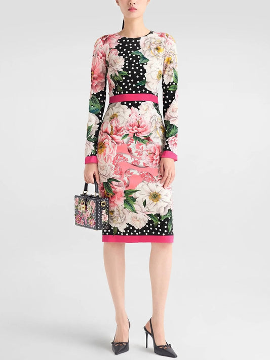 Floral and Polka-Dot Printed Silk Dress - Dresses
