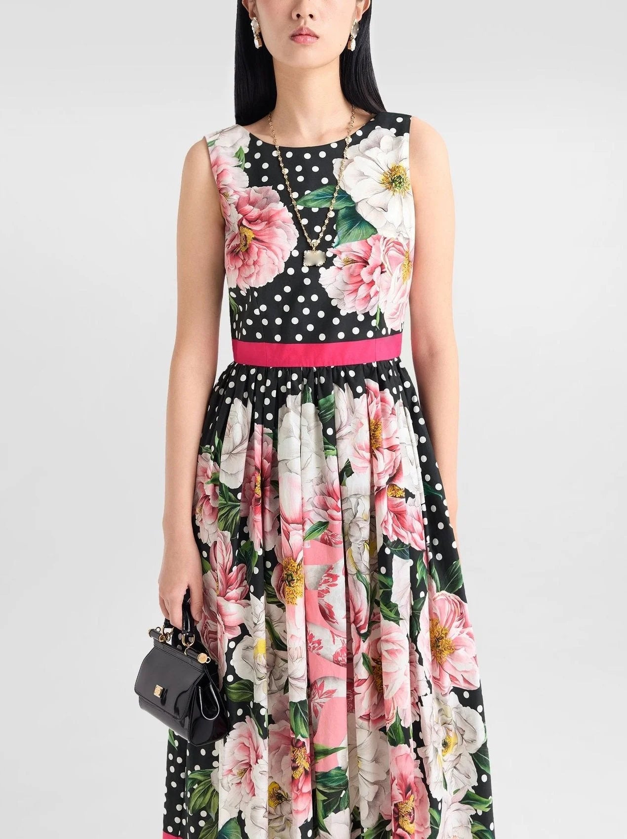 Floral and Polka-Dot Printed Sleeveless Midi Dress - Dresses