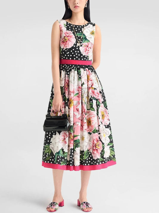 Floral and Polka-Dot Printed Sleeveless Midi Dress - Dresses