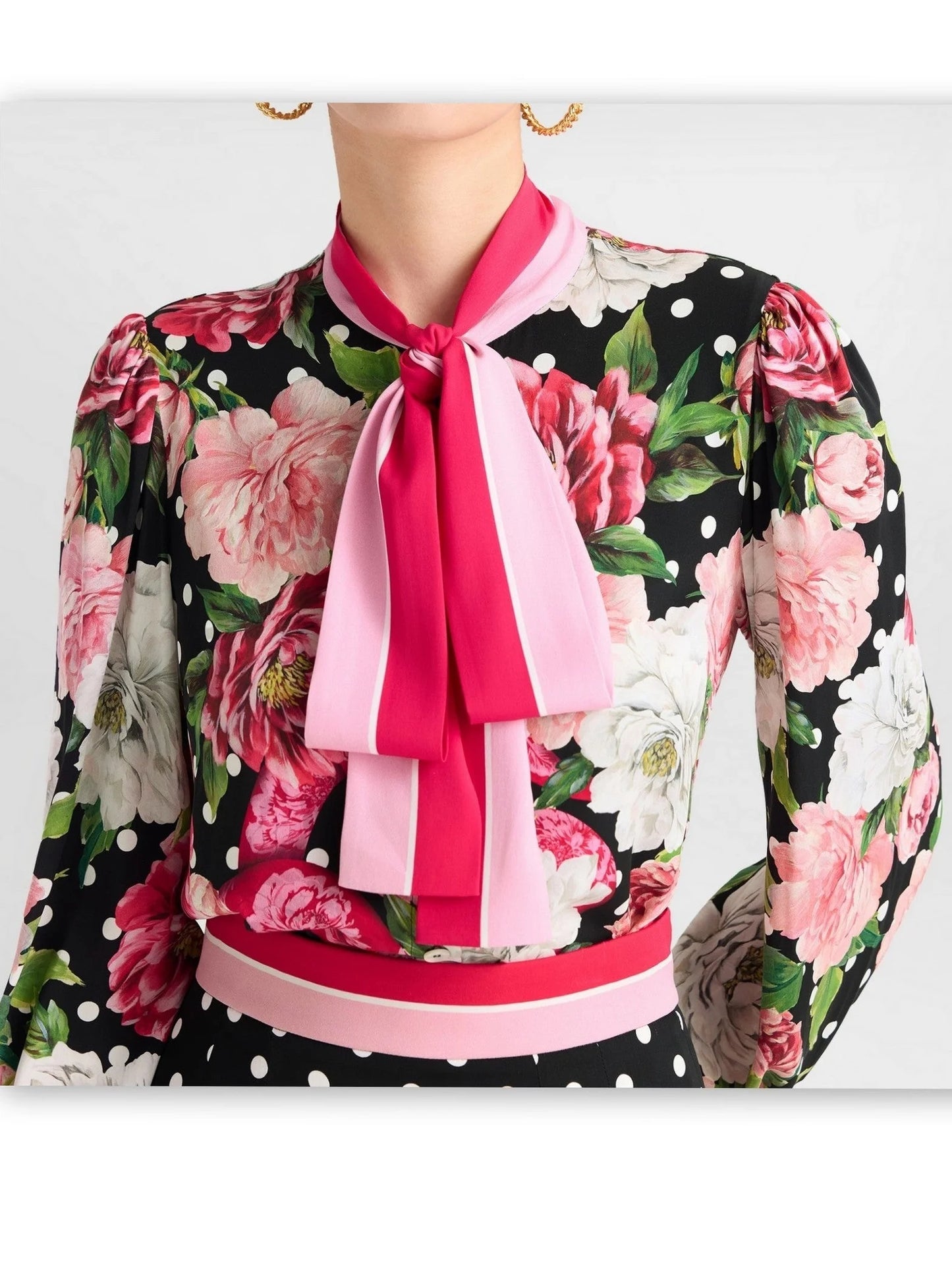 Floral and Polka-Dot Printed Tie-Neck Silk Blouse - Tops