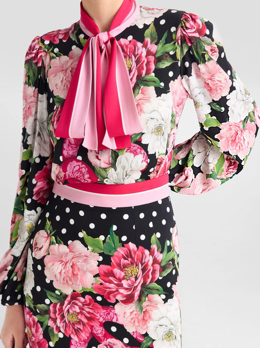 Floral and Polka-Dot Printed Tie-Neck Silk Blouse - Tops