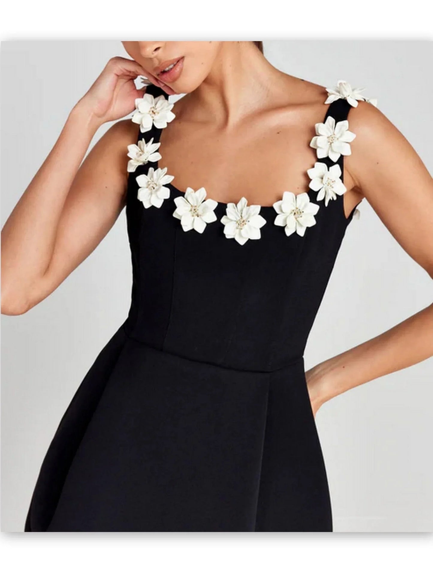 Floral-Applique Contrast Stretch A-Line Mini Dress - Dresses