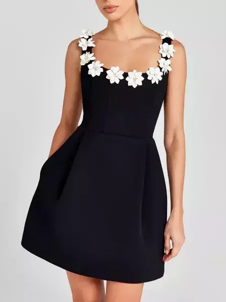 Floral-Applique Contrast Stretch A-Line Mini Dress - Dresses