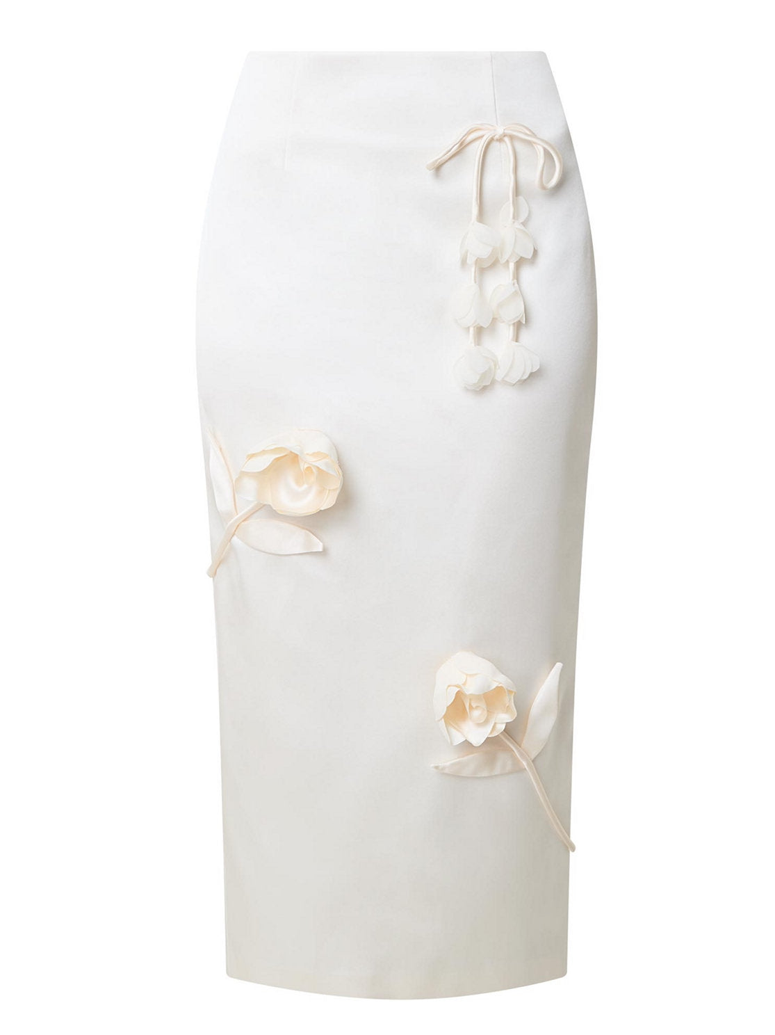 Ivory skirt suit featuring floral embellishments on a cream midi pencil skirt