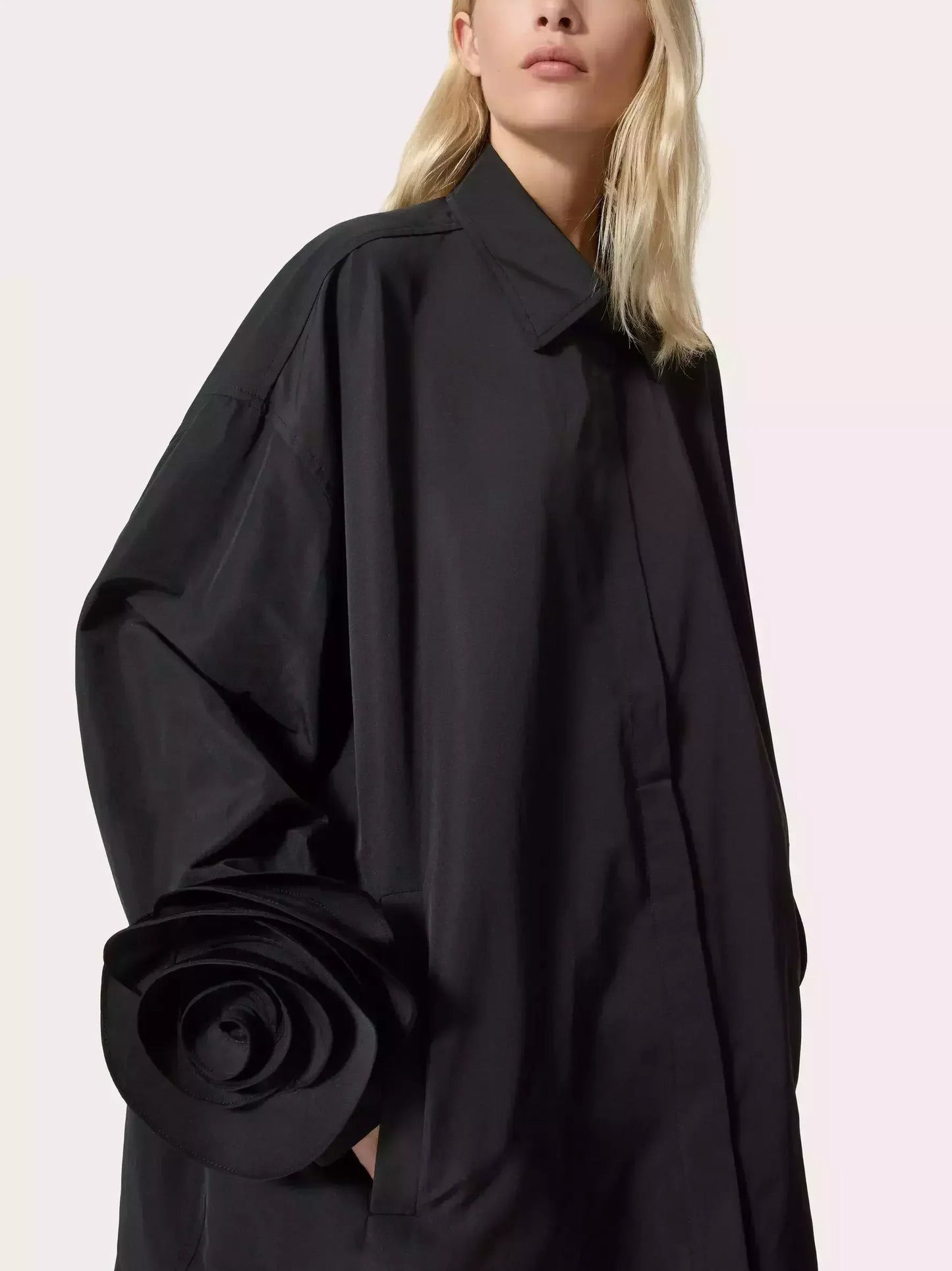 Floral-Applique-Cuff Long Sleeve Shirt in Black - Tops