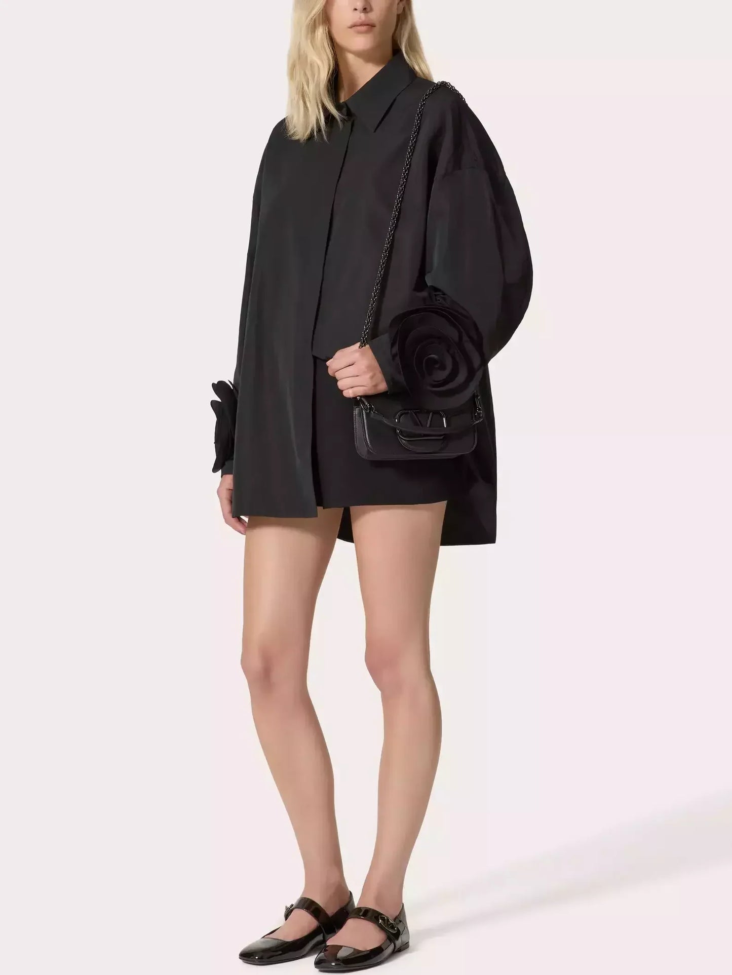 Floral-Applique-Cuff Long Sleeve Shirt in Black - Tops