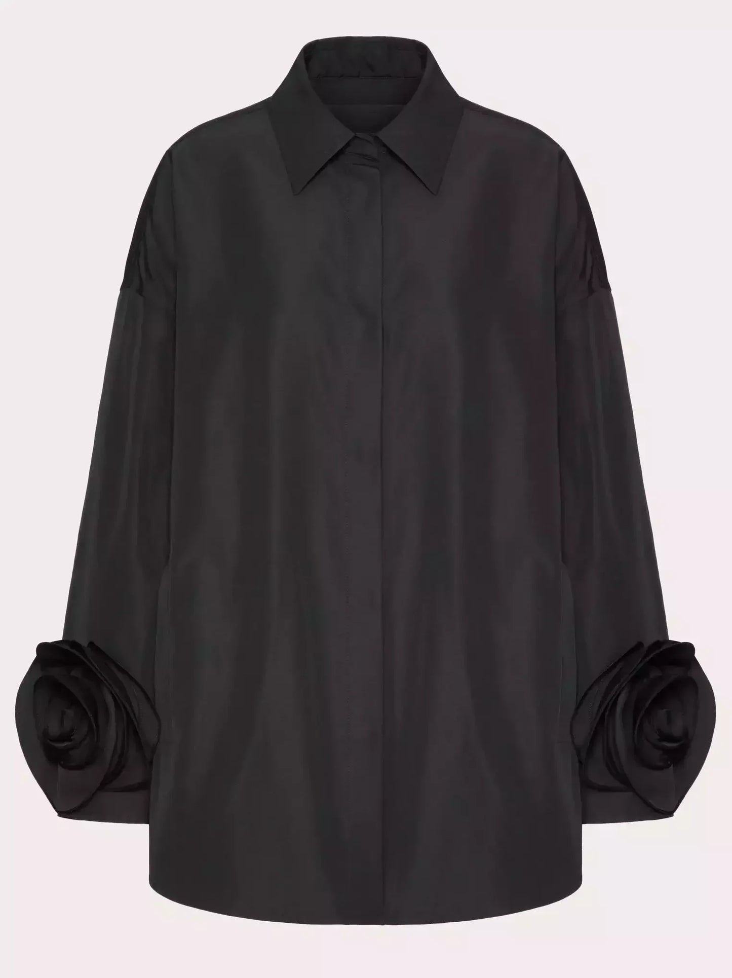 Floral-Applique-Cuff Long Sleeve Shirt in Black - Tops