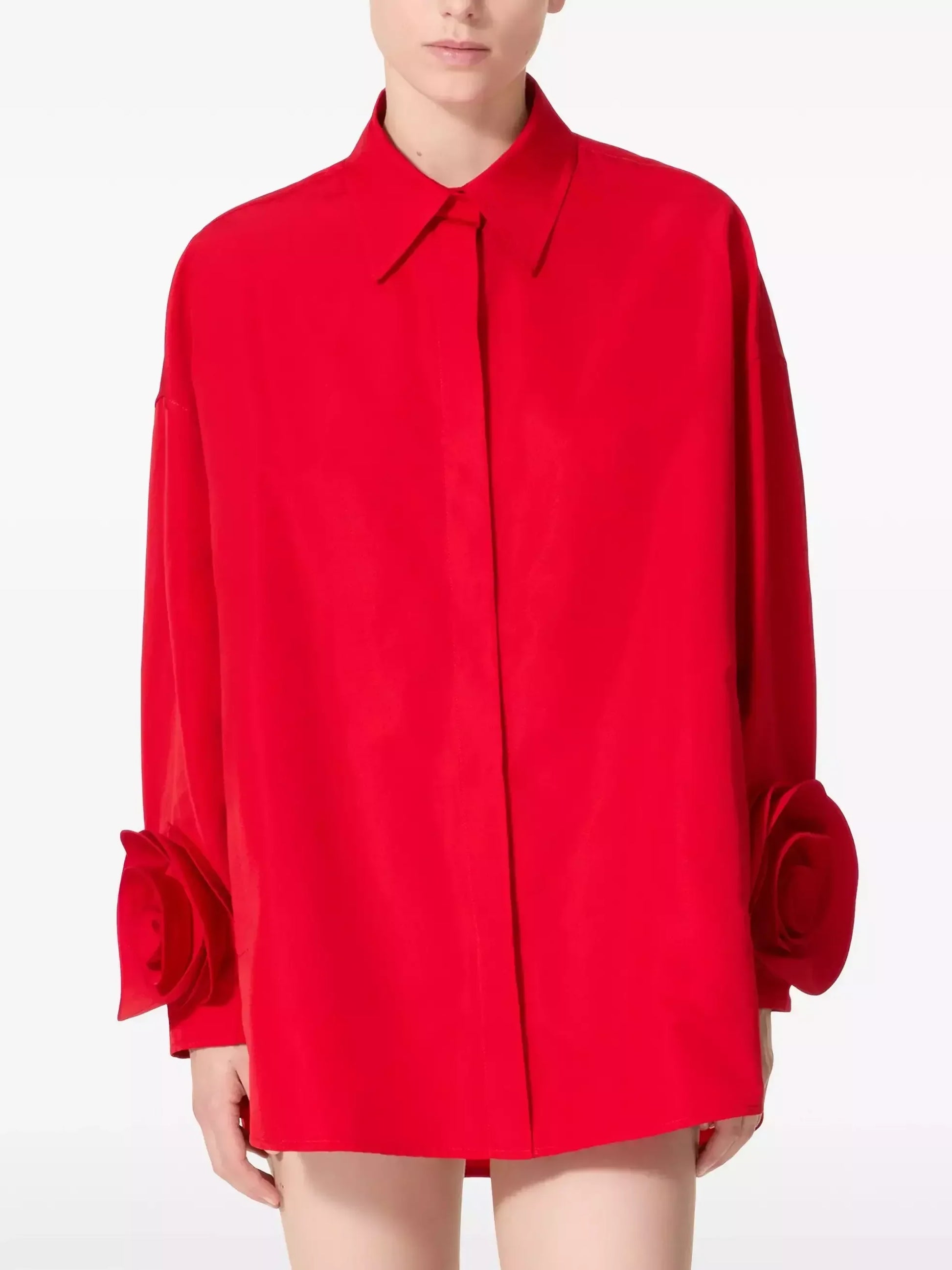 Floral-Applique-Cuff Long Sleeve Shirt in Red - Tops